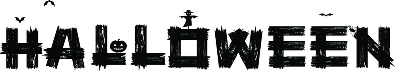 Wood texture Halloween texts and black scarecrow.
