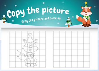 copy the picture kids game and coloring page with a cute fox using christmas costume