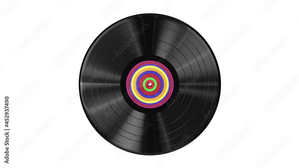 Poster Realistic seamless looping 3D animation of the trendy colorful radial rings pattern label vinyl record isolated on white rendered in UHD with alpha matte