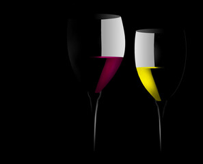 Two glasses of wine, one red, one white, are seen on a black background in this 3-d illustration.