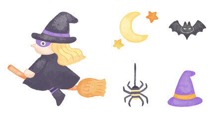 色鉛筆で手描き風　ハロウィン　ほうきに乗った魔女イラストセット