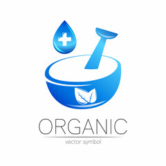 Organic vector symbol in blue color. Concept logo with cross and drop for business. Herbal sign for medicine, homeopathy, therapy and pharmacy. Emblem with mortar and pestle on white background.