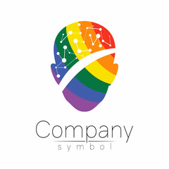 Vector logo symbol of human head. Person face. Rainbow color isolated on white. Concept logotype sign for business, science, psychology, medicine, technology, LGBT. Creative sign design Man silhouette