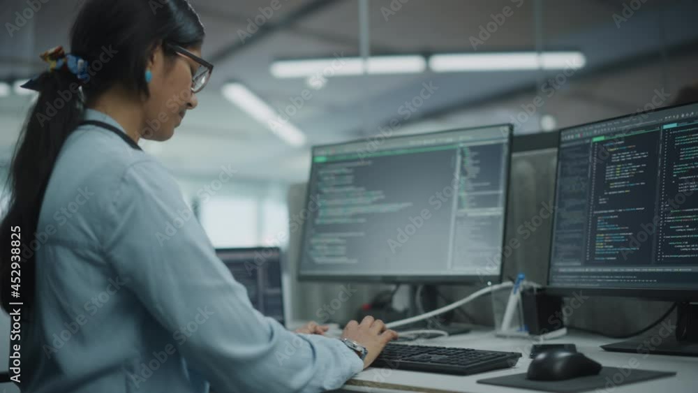 Aufkleber Diverse Office: Indian IT Programmer Working on Desktop Computer. Female Specialist Creating Innovative Software Engineer Developing App, Program, Video Game. Terminal with Coding Language. Arc Shot