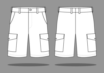 White Cargo Short Pants Template Vector on Gray Background.Front and Back View.