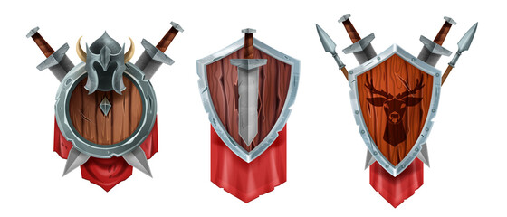 Game badge vector icon rank illustration set, medieval wooden trophy shield kit, knight sword, helmet. Battle adventure award symbol, heraldic warrior prize fantasy coat of arms concept. UI game badge