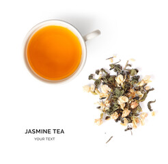 Creative layout made of cup of jasmine tea on a white background. Top view.
