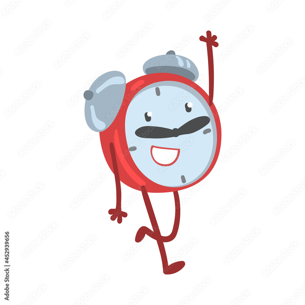 Poster red smiling alarm clock character running and waving hand vector illustration