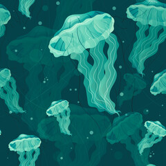 Vector seamless marine pattern. Underwater world with transparent blue poisonous jellyfish with tentacles.