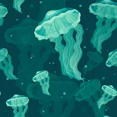 Wallpaper murals Ocean animals Vector seamless marine pattern. Underwater world with transparent blue poisonous jellyfish with tentacles.
