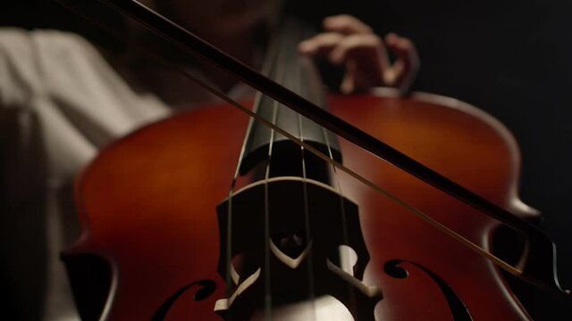 Bow and strings of cello on black background, closeup, down view. Concept of playing an instrument and enjoying music. Macro