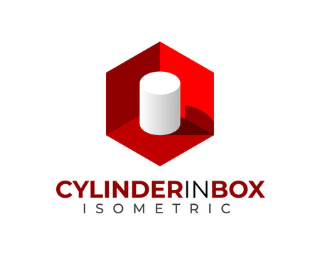 white 3D 3 Dimensional isometric cylinder barrel inside red hexagon box with light and shadow