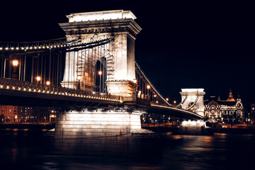 Szechenyi Chain Bridge at late night. Budapest, Hungary
