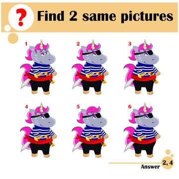 Find two same pictures. Cartoon unicorn in a pirate costume