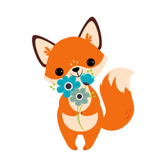 Cute Orange Fox Animal Holding Bunch of Flowers on Stalk with Paws Vector Illustration