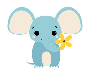 Cute Elephant Animal Holding Flower on Stalk with Trunk Vector Illustration