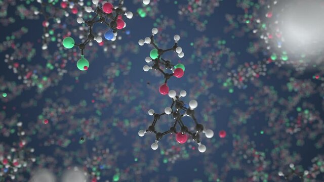 Deltamethrin molecule made with balls, conceptual molecular model. Chemical looping 3d animation