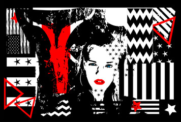 Girl in with goat, spiritual background red and black color. - obrazy, fototapety, plakaty