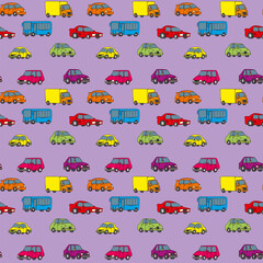 Seamless pattern with cute cars, buses and trucks. Hand drawn pattern with colorful autos for kids textile.