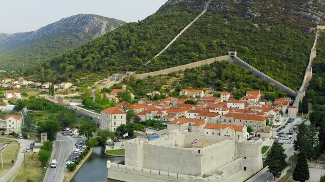 Aerial view of the Old town of Ston with walls of fortification, Croatia