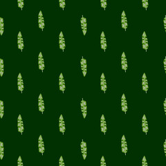 Minimalistic nature seamless pattern with little green tropic banana leaves ornament. Black background.