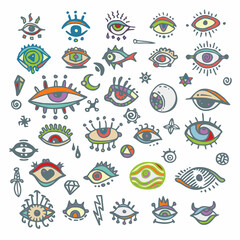 Set of various hand drawn eyes, freehand doodle style.