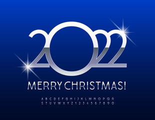 Vector stylish Greeting Card Merry Christmas 2022! Silver reflective Font. Metallic luxury Alphabet Letters and Numbers set