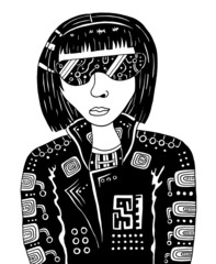 Cyberpunk girl in dark vr glasses. Cybergoth illustration. Black and white punk woman. Retrowave and vaporwave style. Vector artwork