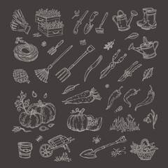 Big set of hand-drawn garden elements gardening tools.