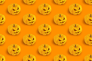 Repetitive pattern with halloween pumpkins on orange background, 3d rendering. Happy Halloween concept