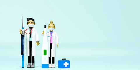 Two doctors wearing masks on stethoscopes are standing holding syringes and thermometers. 3d render illustration.