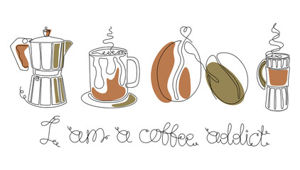 I am a coffee addict in continuous one line style with mug, coffee cup, beans, contour line art design for poster, t-shirt fashion print, logo, emblem, template. Single line draw vector illustration