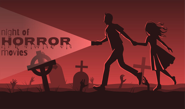 poster for halloween or horror movie marathon in red colours, graveyard and couple