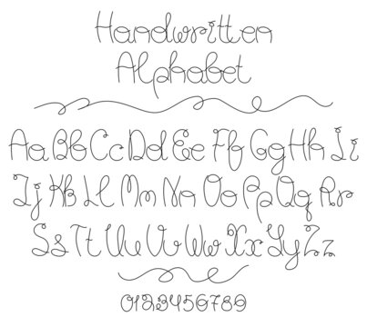 Alphabet italic letters and numbers in hand drawn one line art style isolated on white background. Vector illustration