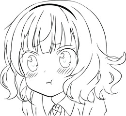 agitated inflame touch up anime girl with hair hoop. icon portrait. contour vector illustration. black lines isolated on white