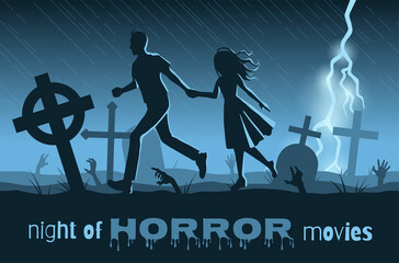 poster for halloween or horror movie marathon in blue colours. rain, graveyard and couple