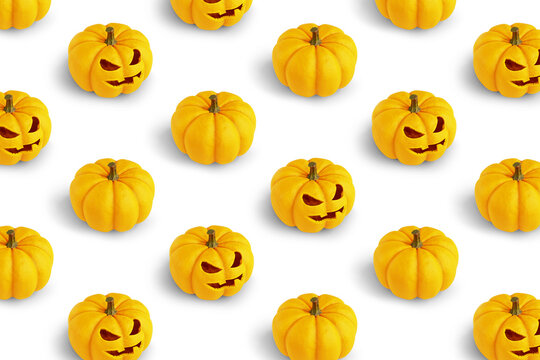 Repetitive pattern with halloween pumpkins on white background, 3d rendering. Happy Halloween concept.
