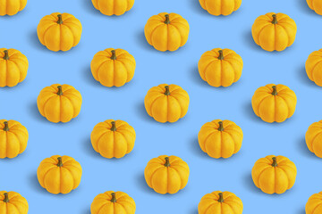 Repetitive pattern with orange pumpkins on white background, 3d rendering. Minimal vegetable background.