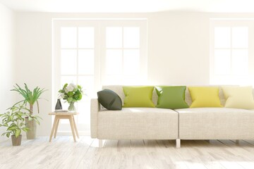 White living room with sofa. Scandinavian interior design. 3D illustration