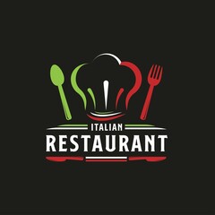 Italian Food Restaurant Logo. Italian flag symbol with Spoon, Fork, and Chef Head Cap icons. Premium and Luxury Logo