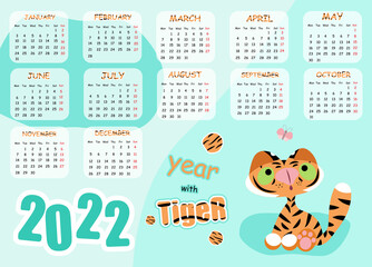 cute tiger calendar onesided horizontal chinese new year symbol 2022 cute animal cat cartoon kitten week starts on sunday