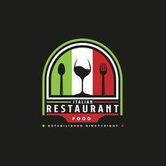 Italian Food Restaurant Logo. Italian flag symbol with Spoon, Fork, and Wine Glass icons. Premium and Luxury Logo