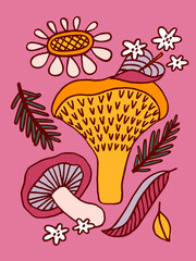 Composition with mushrooms and flowers. Folk style.	
