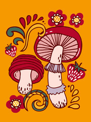 Composition with mushrooms and flowers. Folk style.	
