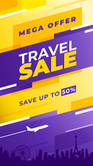 Travel sale Offer. Colorful travel instagram stories template. To use in your design as a flyer, print or banner. Save up to 50% off.