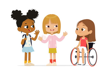 Multiracial Children greeting newcomer girl in a wheelchair. African American Girl with the backpack saying hallo to Caucasian Girl. School inclusive education concept. Illustration for website