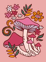 Composition with mushrooms and flowers. Folk style.	
