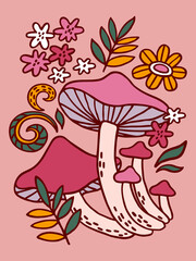 Composition with mushrooms and flowers. Folk style.	
