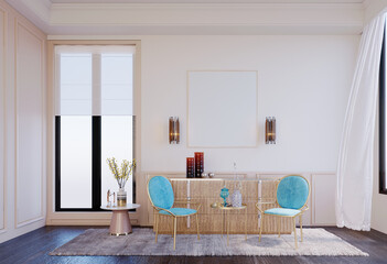 3d rendering,3d illustration, Interior Scene and  Mockup,Sitting corner, two chairs, bright blue, large windows, comfortable atmosphere.