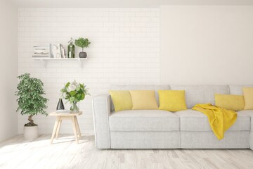 Modern living room in white color with sofa. Scandinavian interior design. 3D illustration